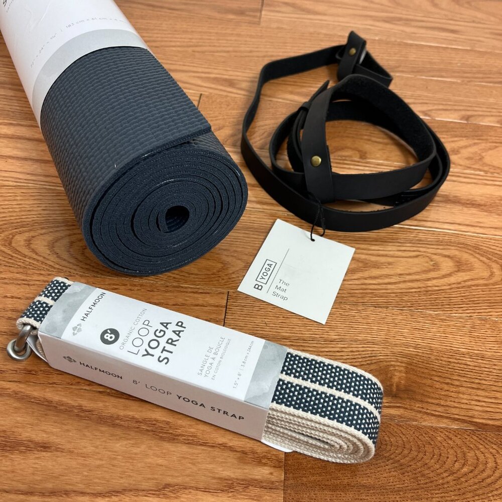 YOGA BUNDLE • Yoga mat, pleather carry strap & practice strap • NWT